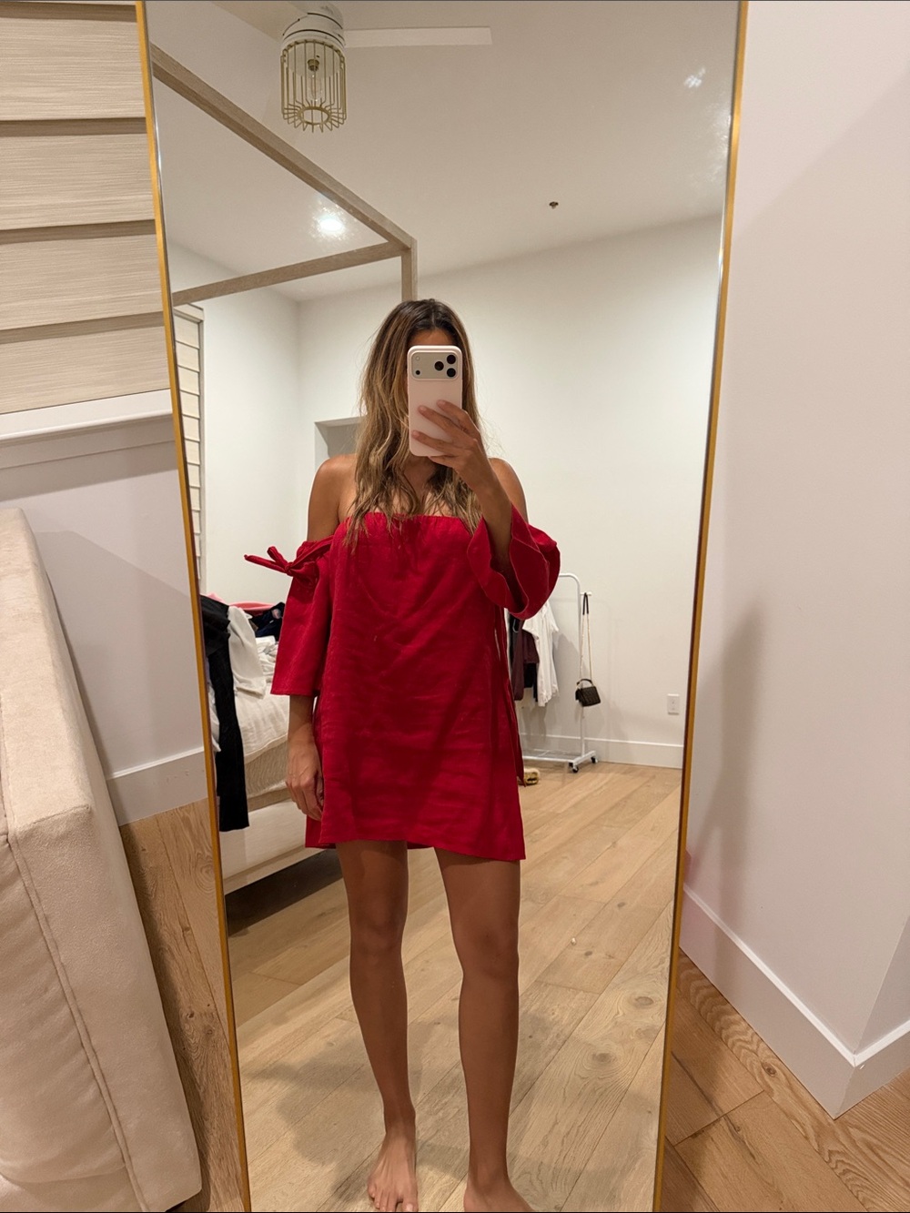 Reformation Linen Off-Shoulder Red Mini Dress